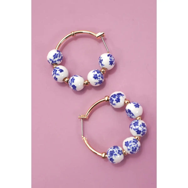 Blue Ceramic Porcelain Hoop Earrings