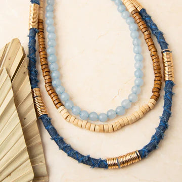 Inaya Layered Wood & Denim Necklace