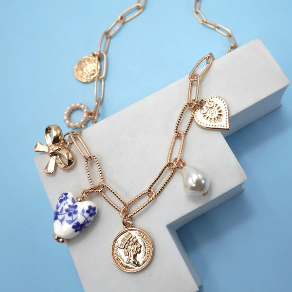 Ceramic Porcelain Bow Heart Charm Link Necklace
