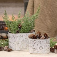 White Metal Oval Buckets w/Gold Embossed Snowflakes