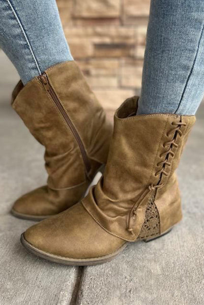 Brown Lace Faux Leather Ankle Boots