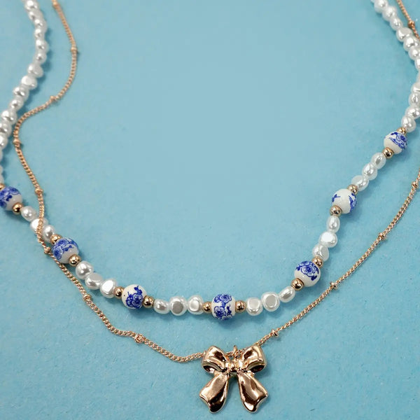 Ceramic Porcelain Pearl Bow Layer Necklace