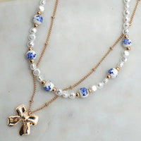 Ceramic Porcelain Pearl Bow Layer Necklace
