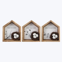 HOUSE SHAPED BOX - WOOD SIGN WITH BLESSED NESTS, WHITE WASHED AND NATURAL WOOD, 3 AST